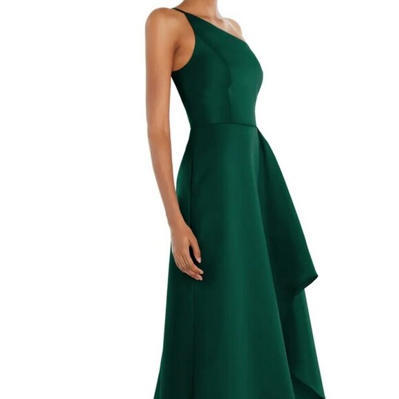 Alfred Sung Hunter Green One-Shoulder Satin Gown D831 - Picture 3 of 6